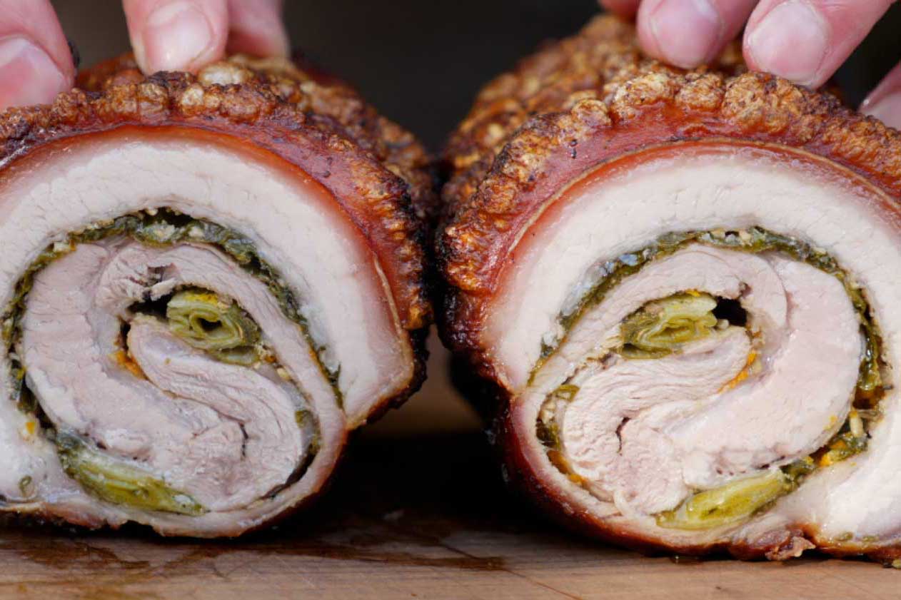 Gefülltes Porchetta aufgeschnitten
