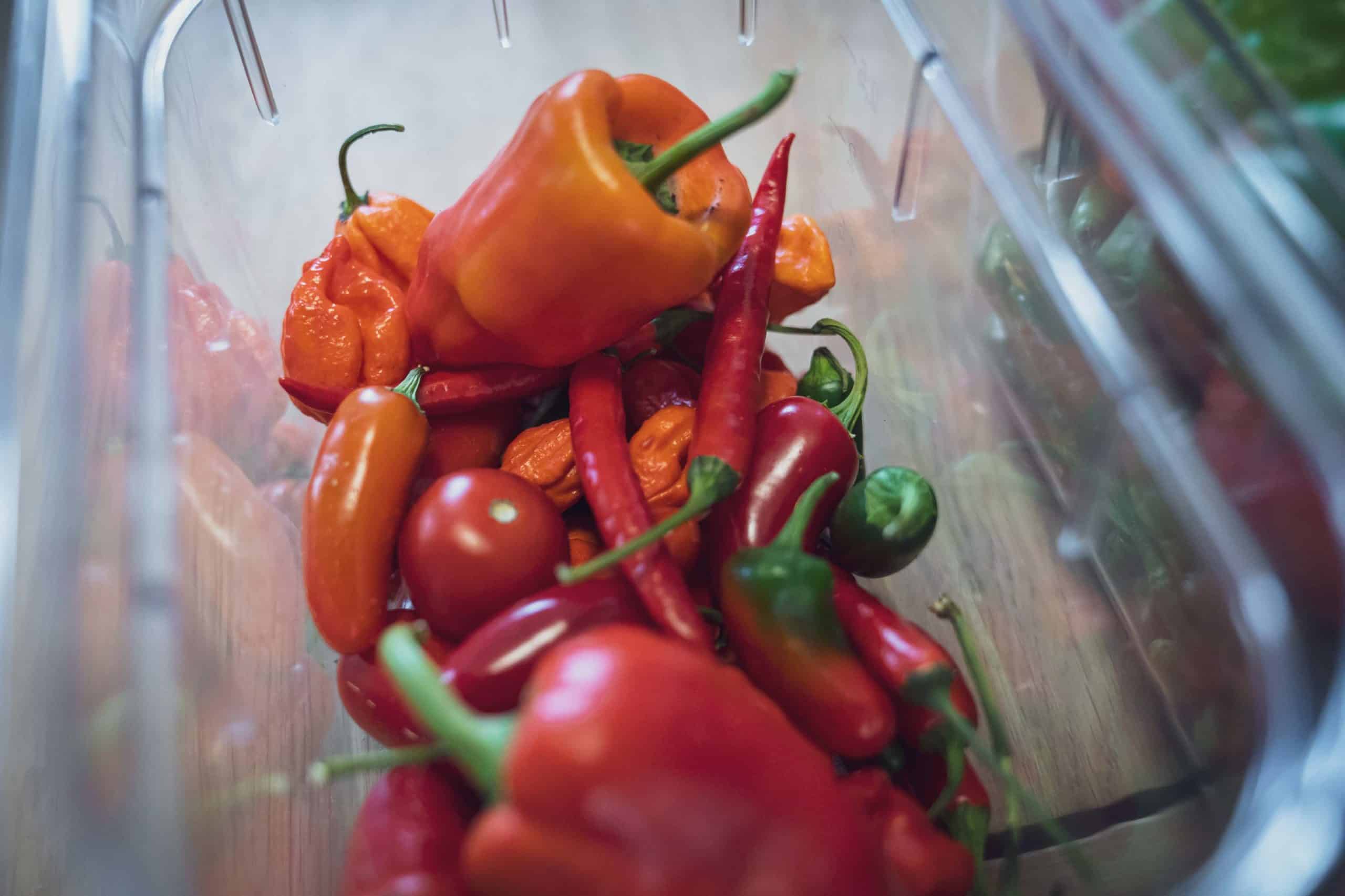 Rote Chilis, Paprika und Tomaten